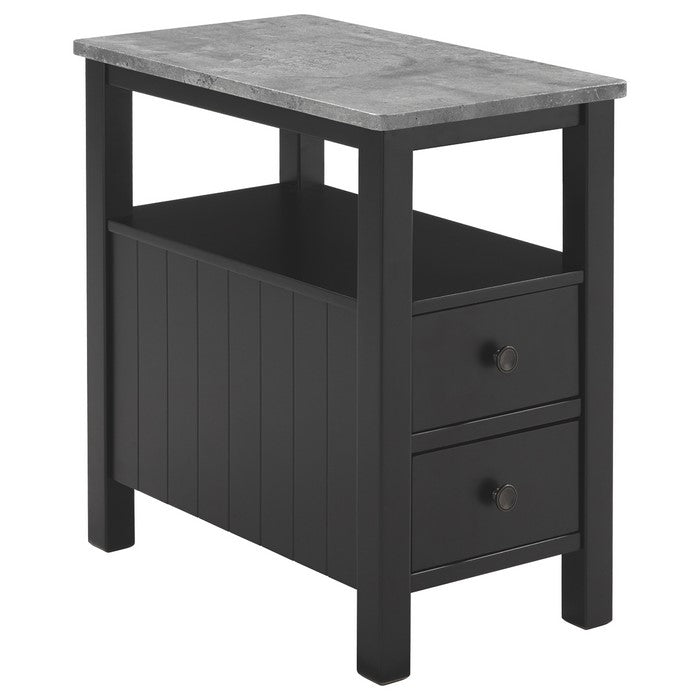 Chair Side End Table With Faux Marble Top and 2 Drawers, Black and Gray