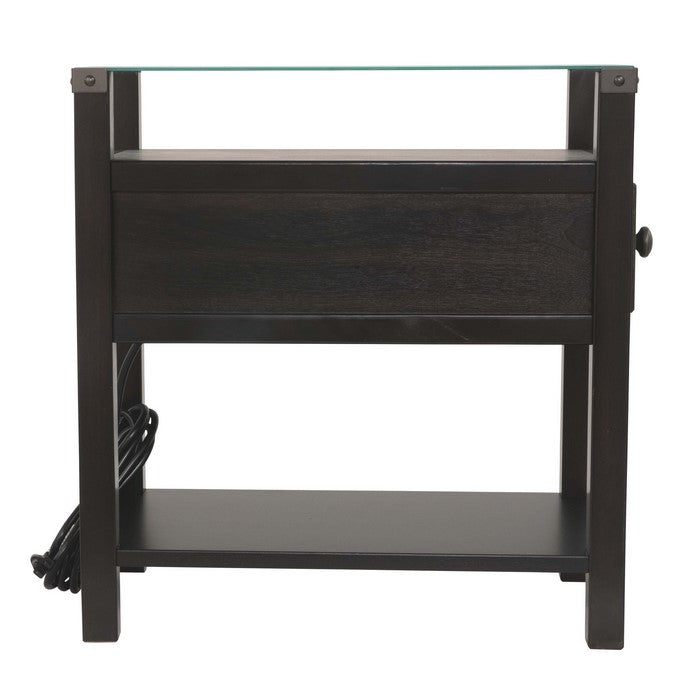 Chair Side End Table With Gliding Drawer and 2 Electrical Ports, Black