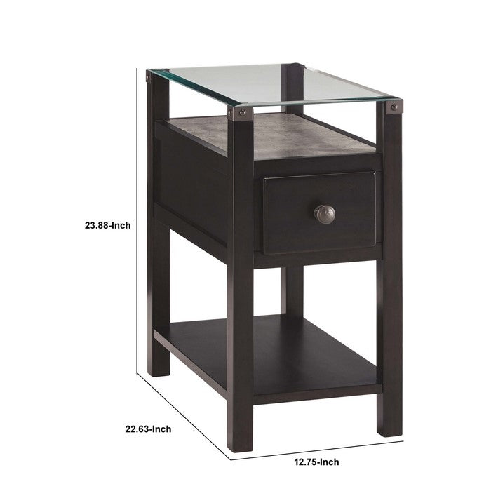 Chair Side End Table With Gliding Drawer and 2 Electrical Ports, Black