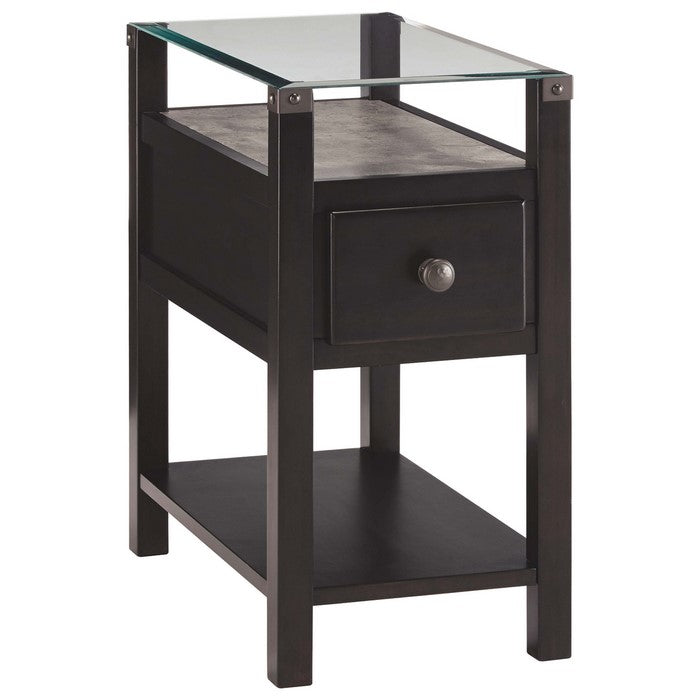 Chair Side End Table With Gliding Drawer and 2 Electrical Ports, Black