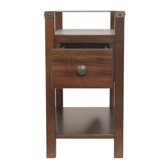 Chair Side End Table With Gliding Drawer and 2 Electrical Ports, Brown