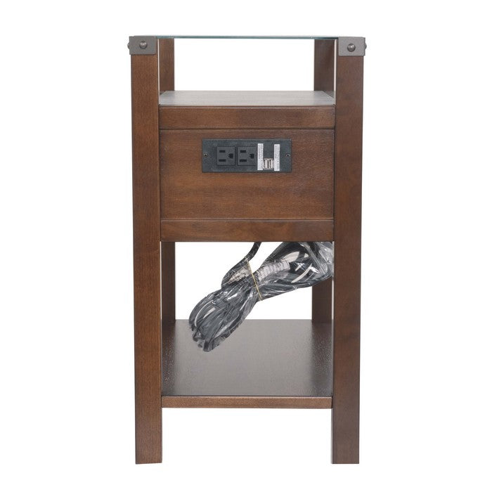 Chair Side End Table With Gliding Drawer and 2 Electrical Ports, Brown