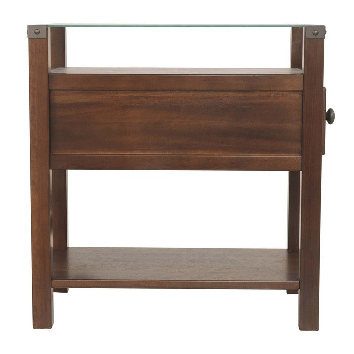 Chair Side End Table With Gliding Drawer and 2 Electrical Ports, Brown