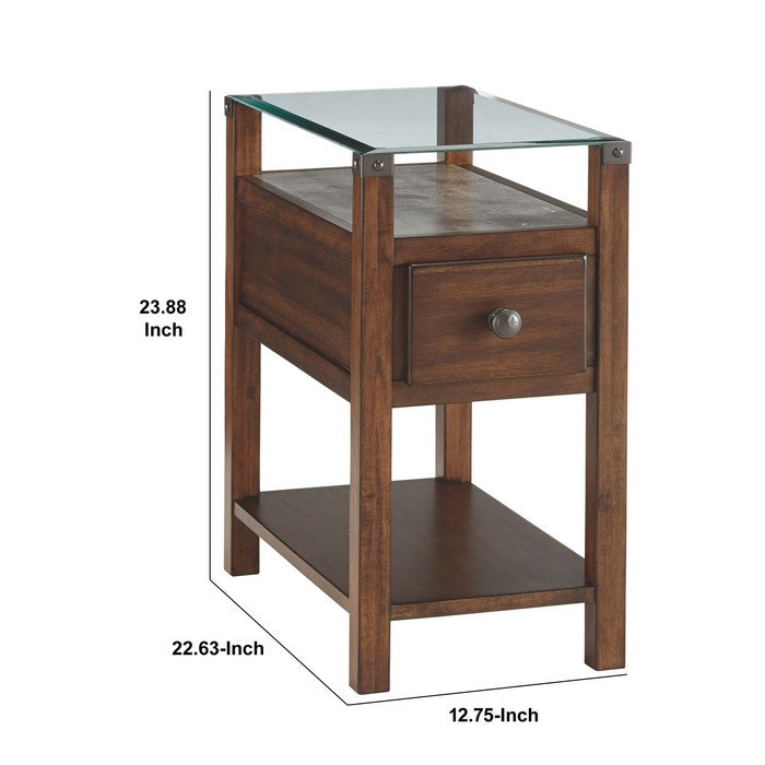 Chair Side End Table With Gliding Drawer and 2 Electrical Ports, Brown