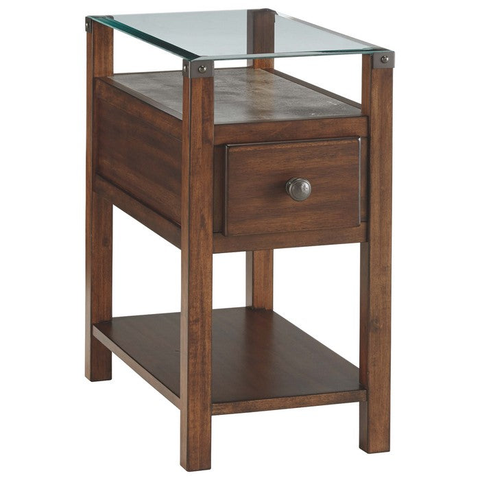 Chair Side End Table With Gliding Drawer and 2 Electrical Ports, Brown