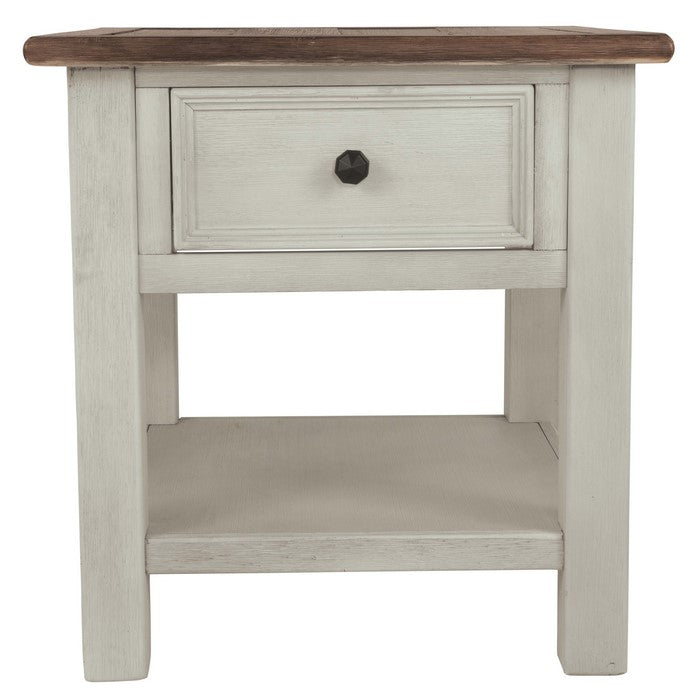 Chair Side End Table with 1 Cabinet and Pull Out Tray, White and Brown