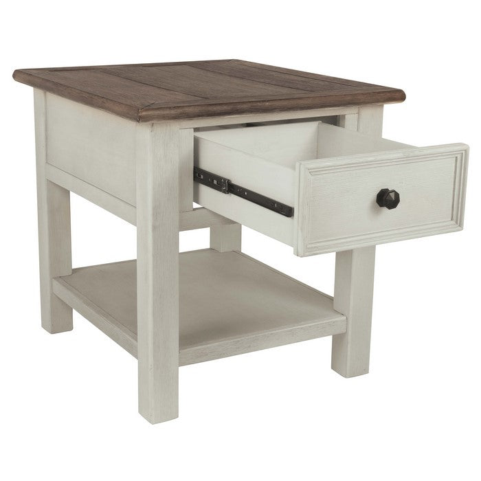Chair Side End Table with 1 Cabinet and Pull Out Tray, White and Brown
