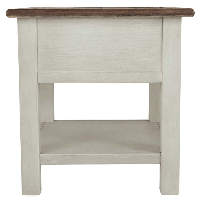 Chair Side End Table with 1 Cabinet and Pull Out Tray, White and Brown