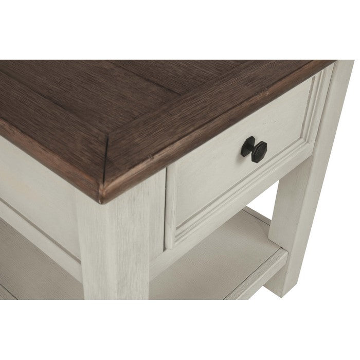 Chair Side End Table with 1 Cabinet and Pull Out Tray, White and Brown