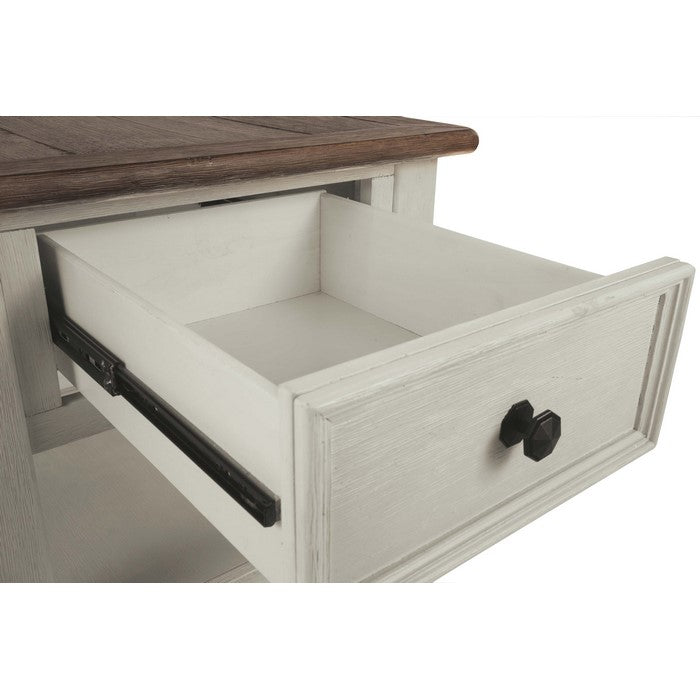 Chair Side End Table with 1 Cabinet and Pull Out Tray, White and Brown