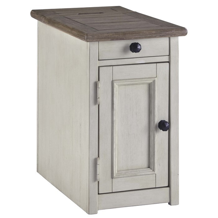 Chair Side End Table with 1 Cabinet and Pull Out Tray, White and Brown