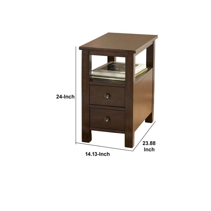 Chair Side End Table With 2 Drawers and 1 Fixed Shelf, Brown