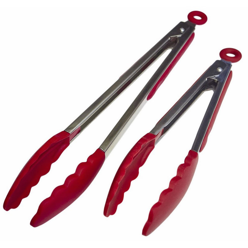 StarPack Premium Silicone Kitchen Tongs 2 Pack (9-Inch & 12-Inch), Bonus 101 Cooking Tips (Cherry Red)