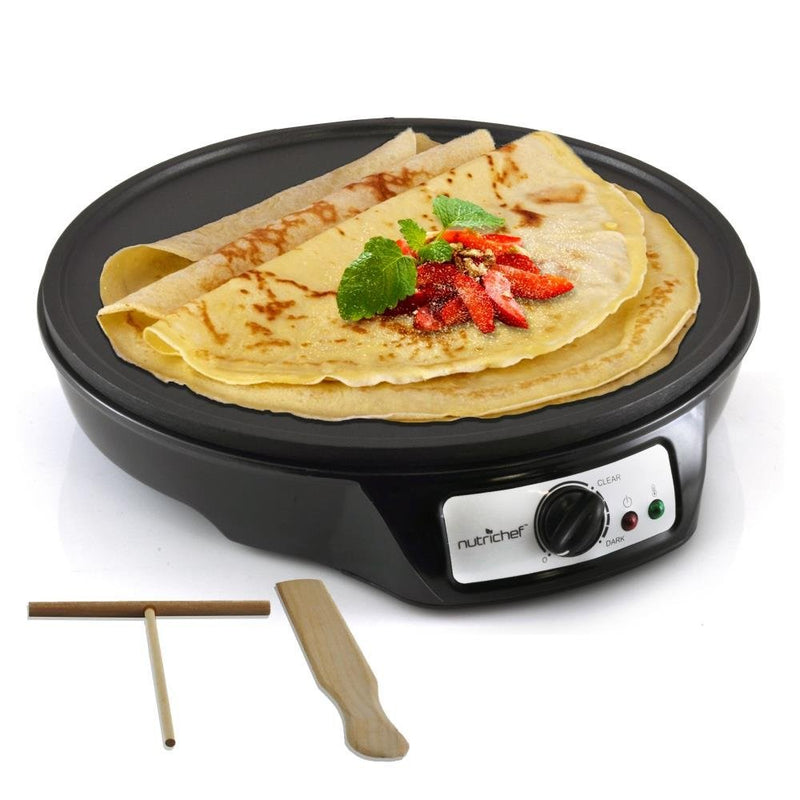 Electric Griddle Crepe Maker Cooktop - Nonstick 12 Inch Aluminum Hot Plate with LED Indicator Lights & Adjustable Temperature Control - Wooden Spatula & Batter Spreader Included - NutriChef PCRM12