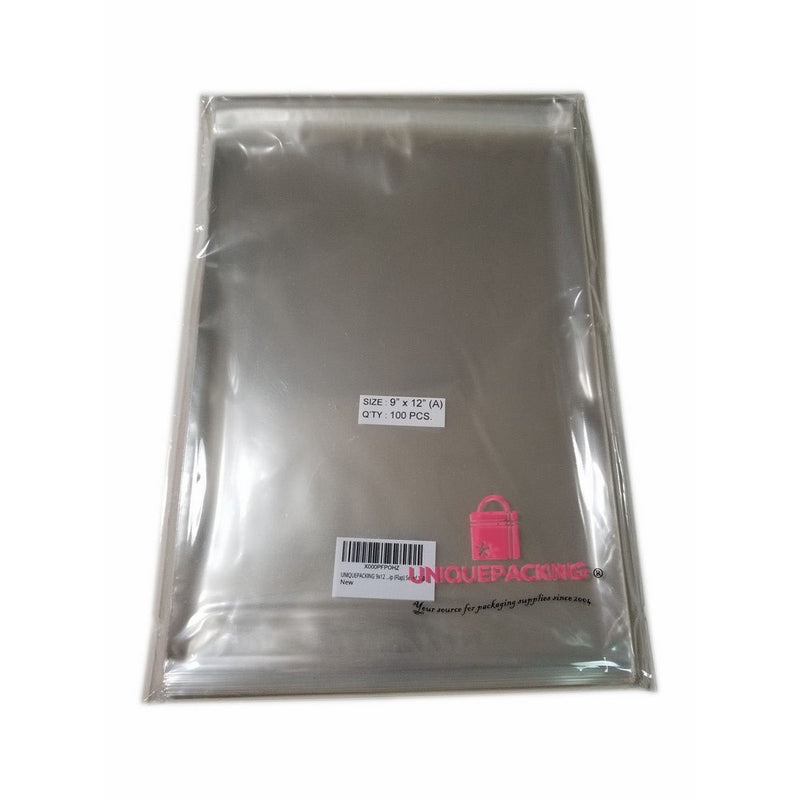 UNIQUEPACKING 9x12 Inch Clear Resealable Cello Bags - Tape on Lip (Flap) Set of 100