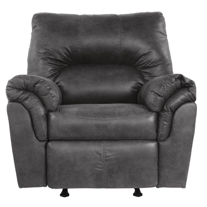 Metal and Wood Rocker Recliner with Rolled Pillow Armrests, Gray