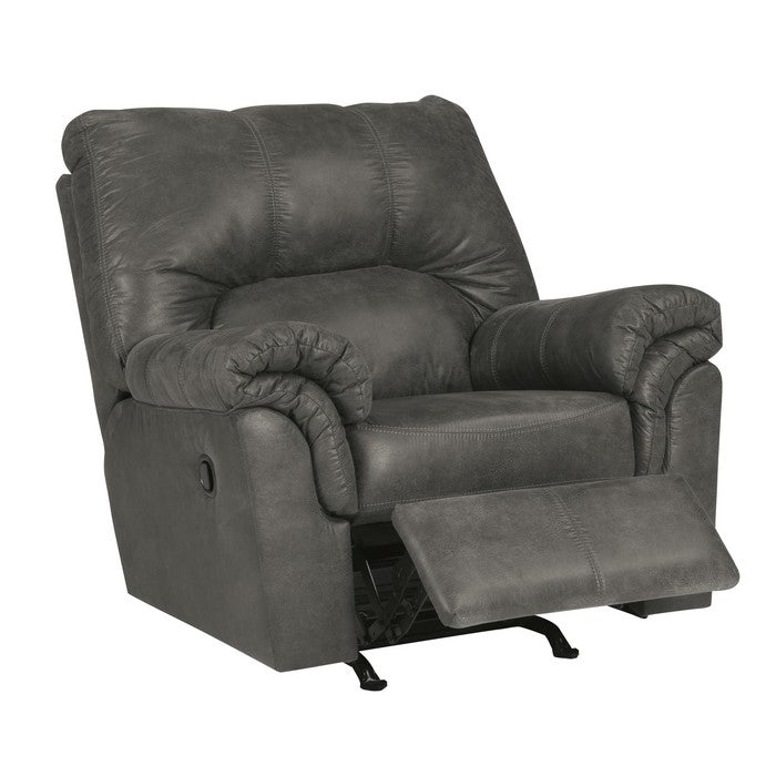 Metal and Wood Rocker Recliner with Rolled Pillow Armrests, Gray
