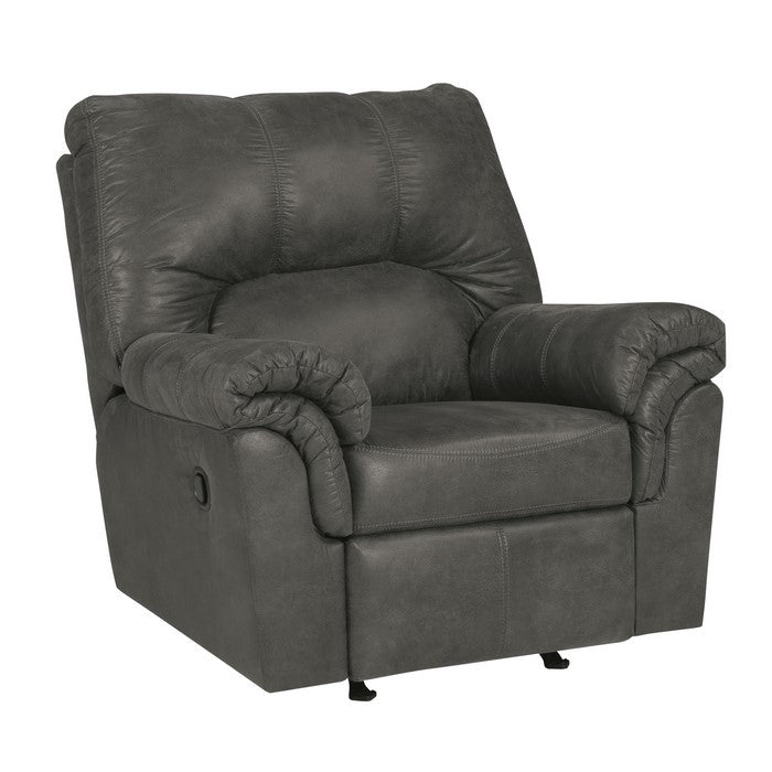 Metal and Wood Rocker Recliner with Rolled Pillow Armrests, Gray