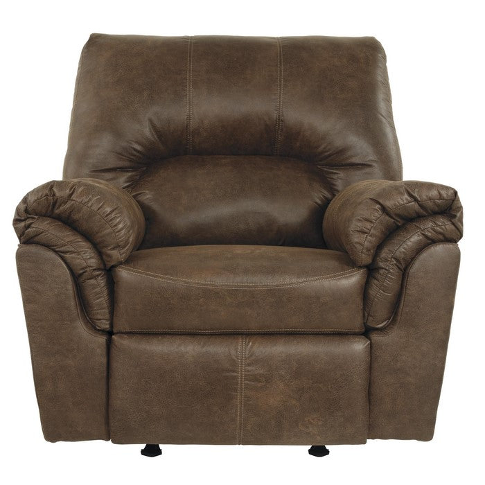 Metal and Wood Rocker Recliner with Rolled Pillow Armrests, Brown