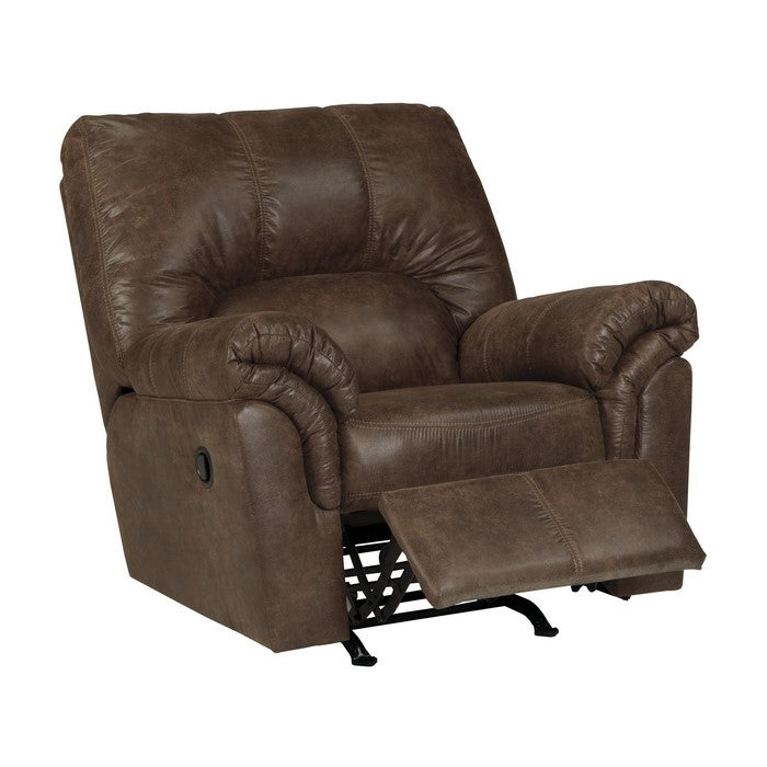 Metal and Wood Rocker Recliner with Rolled Pillow Armrests, Brown