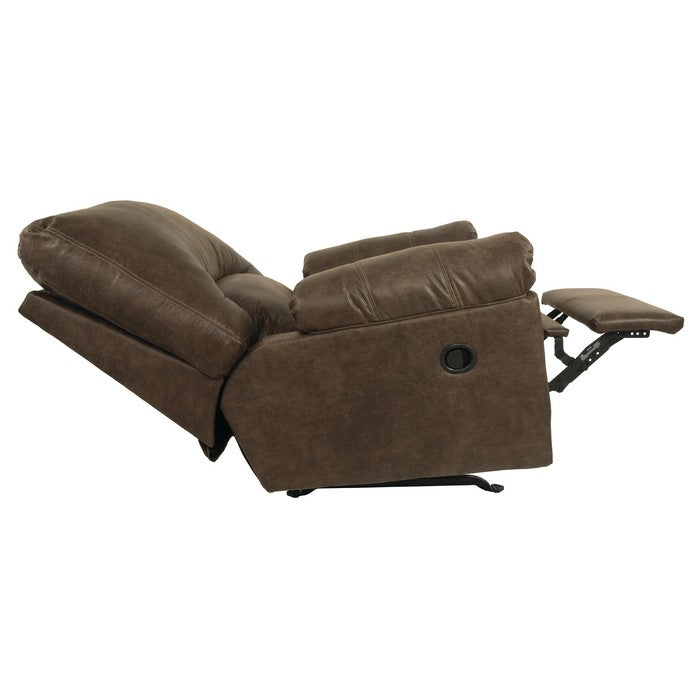 Metal and Wood Rocker Recliner with Rolled Pillow Armrests, Brown