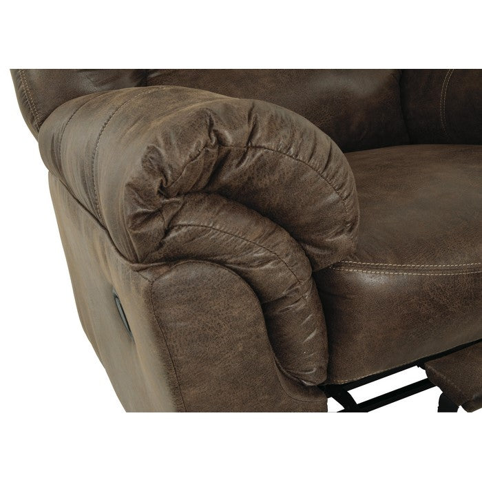 Metal and Wood Rocker Recliner with Rolled Pillow Armrests, Brown
