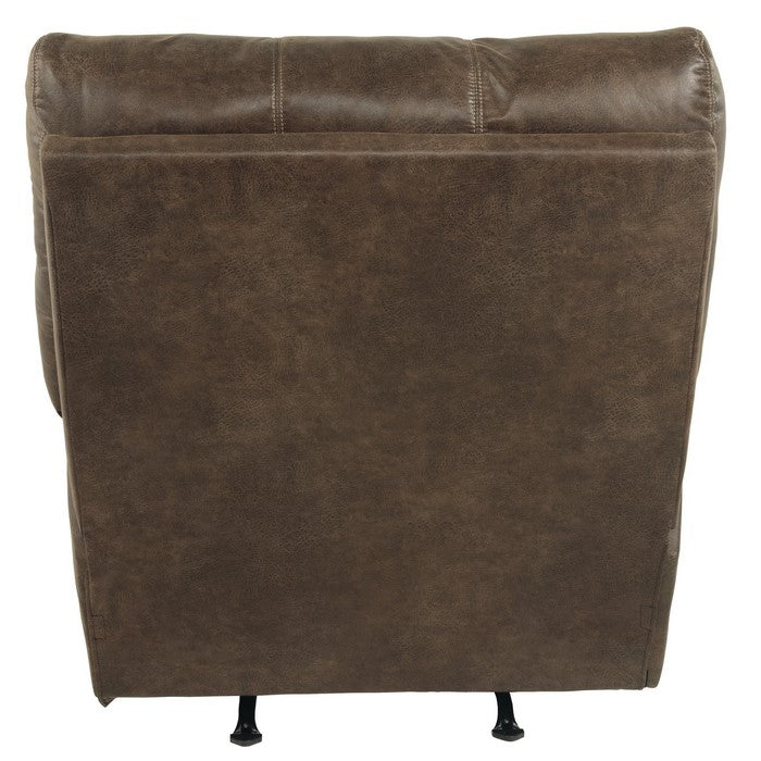 Metal and Wood Rocker Recliner with Rolled Pillow Armrests, Brown