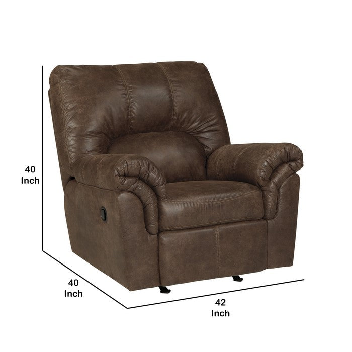 Metal and Wood Rocker Recliner with Rolled Pillow Armrests, Brown