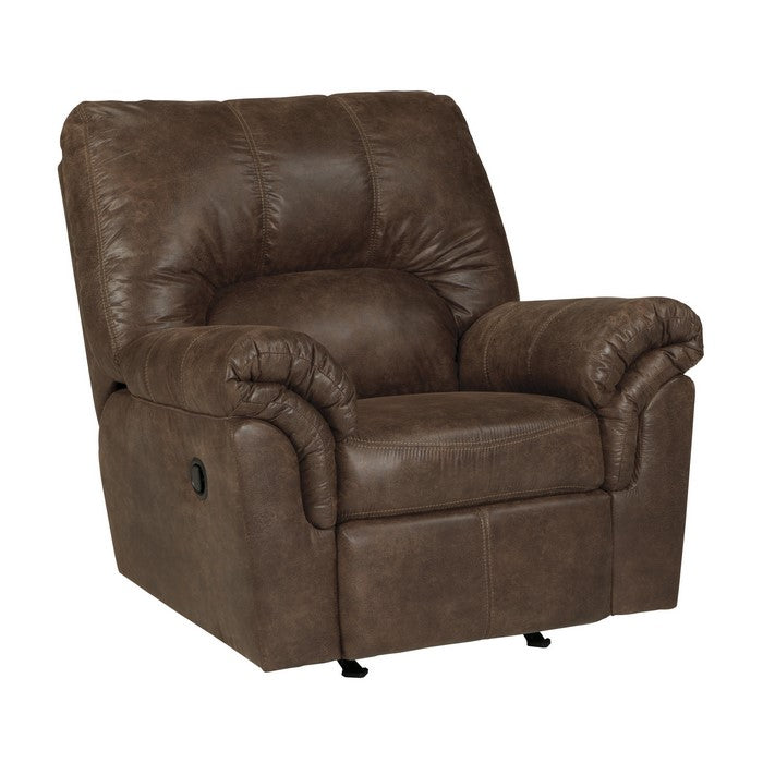 Metal and Wood Rocker Recliner with Rolled Pillow Armrests, Brown