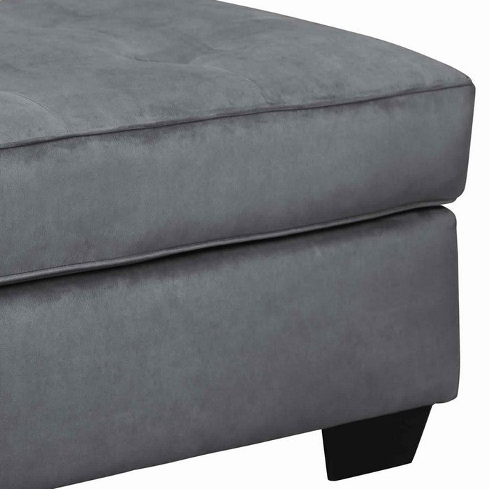 Wooden Ottoman with Tufted Padded Seat and Block Legs, Gray and Black