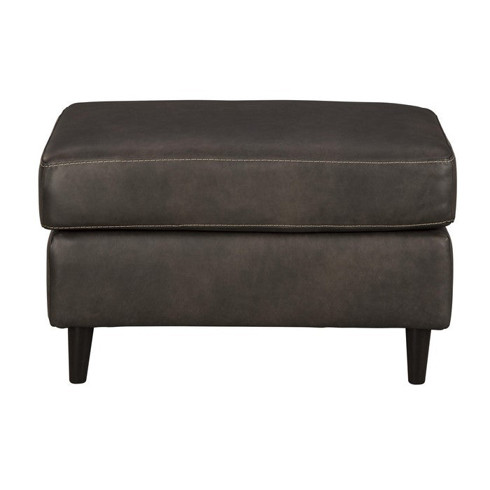 Leatherette Wooden Ottoman with Welt Trim Details, Gray and Black