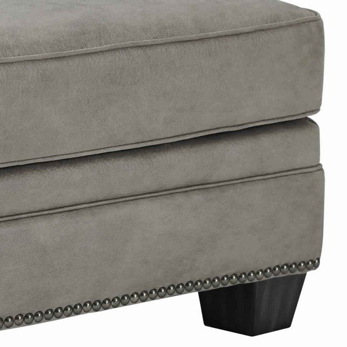 Leatherette Wooden Ottoman with Nailhead Trim Details, Gray