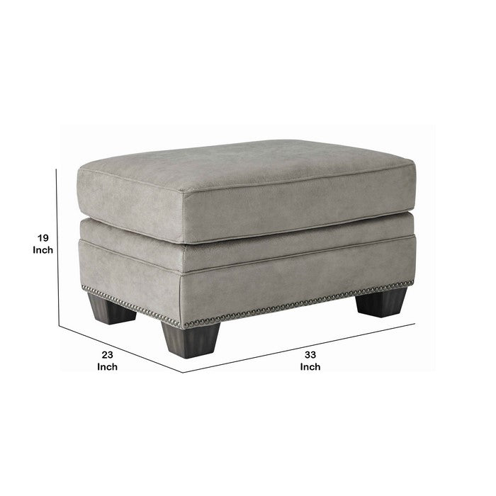 Leatherette Wooden Ottoman with Nailhead Trim Details, Gray