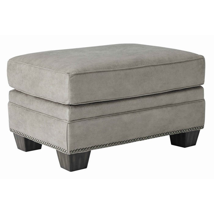 Leatherette Wooden Ottoman with Nailhead Trim Details, Gray