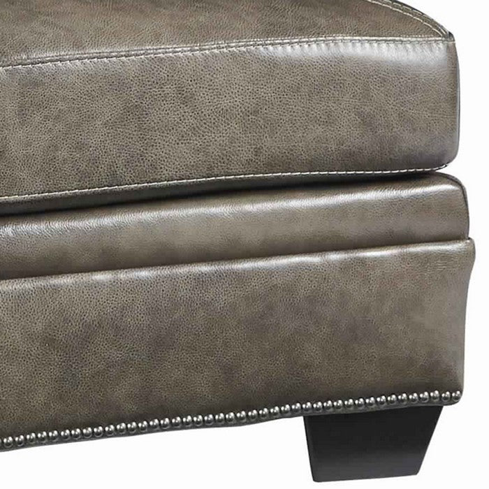 Wooden Ottoman with Stitching Details and Nailhead Trims, Brown and Black