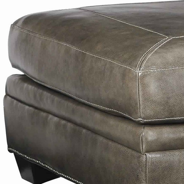 Wooden Ottoman with Stitching Details and Nailhead Trims, Brown and Black