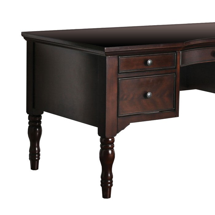 Contour Cut Wooden Desk with 5 Drawers and Turned legs, Cherry Brown