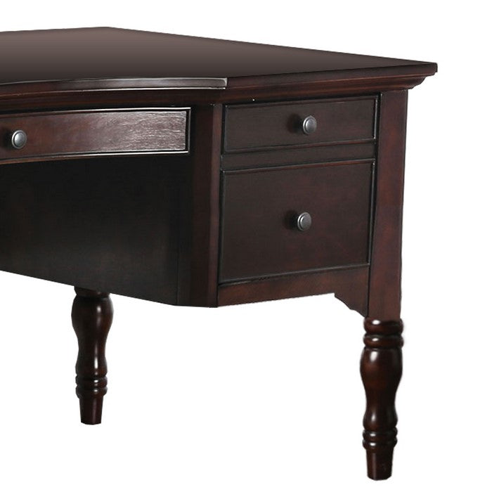 Contour Cut Wooden Desk with 5 Drawers and Turned legs, Cherry Brown