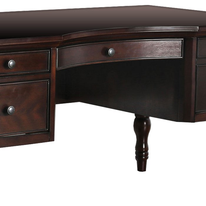 Contour Cut Wooden Desk with 5 Drawers and Turned legs, Cherry Brown