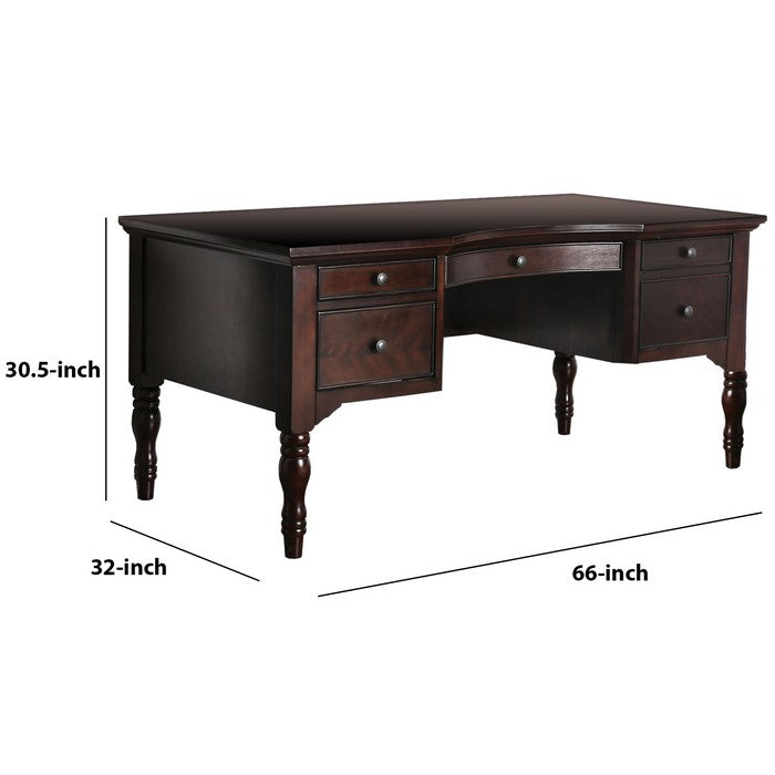 Contour Cut Wooden Desk with 5 Drawers and Turned legs, Cherry Brown