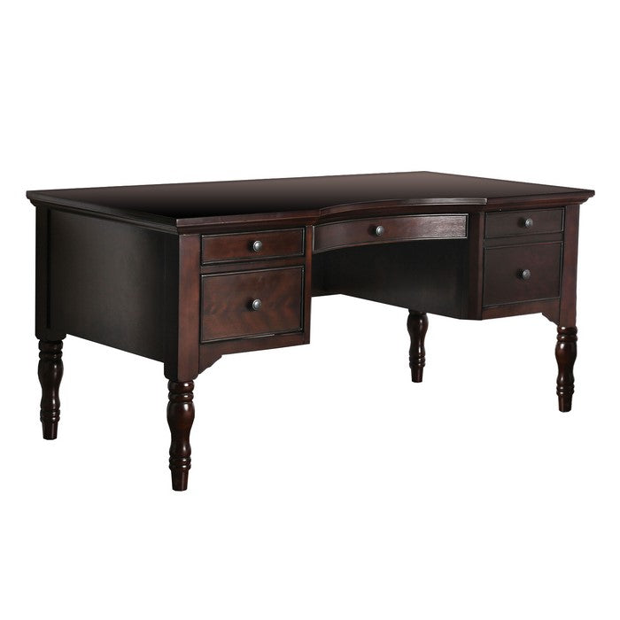 Contour Cut Wooden Desk with 5 Drawers and Turned legs, Cherry Brown