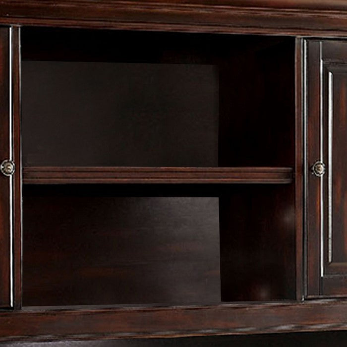Wooden Desk Hutch with 2 Door Cabinets and Open Compartment, Cherry Brown