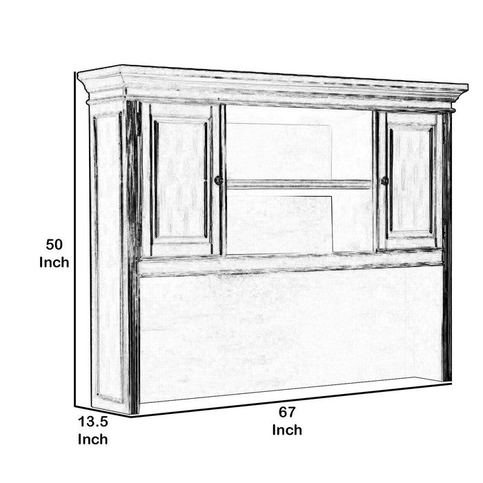 Wooden Desk Hutch with 2 Door Cabinets and Open Compartment, Cherry Brown