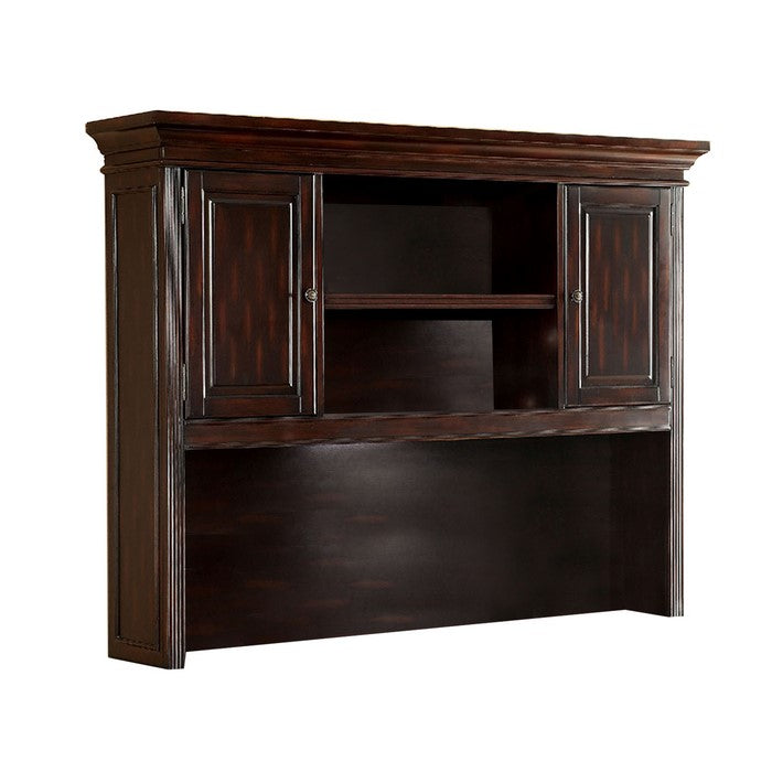 Wooden Desk Hutch with 2 Door Cabinets and Open Compartment, Cherry Brown