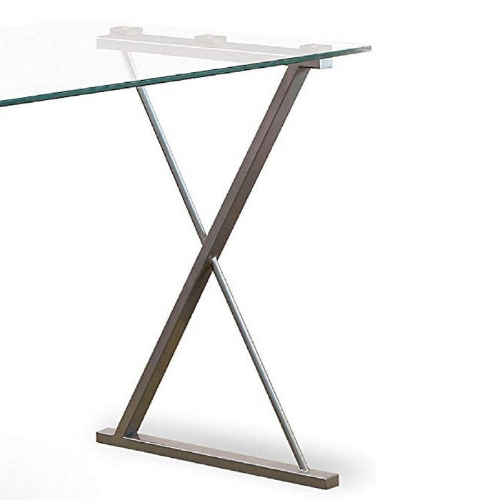 Movable Glass Top Desk with X Shaped Side Panel, Black and Clear