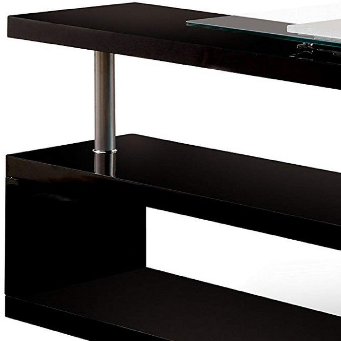 Movable Glass Top Desk with X Shaped Side Panel, Black and Clear