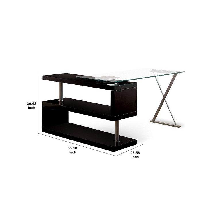 Movable Glass Top Desk with X Shaped Side Panel, Black and Clear