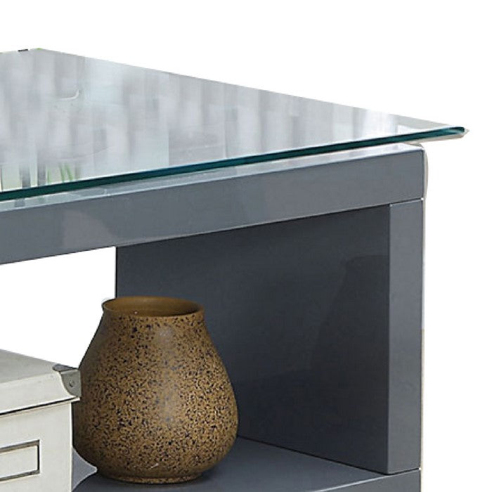 Movable Glass Top Computer Desk with X Shaped Side Panel, Gray and Clear