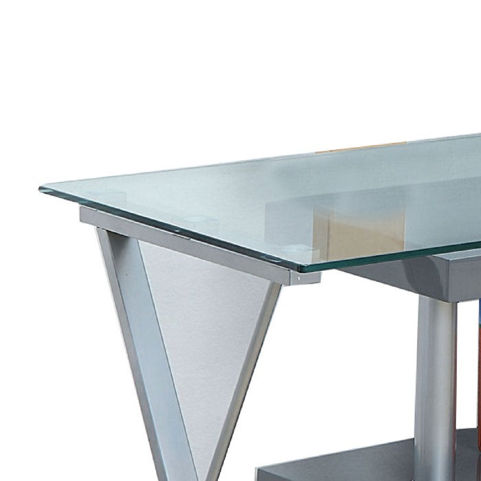 Movable Glass Top Computer Desk with X Shaped Side Panel, Gray and Clear