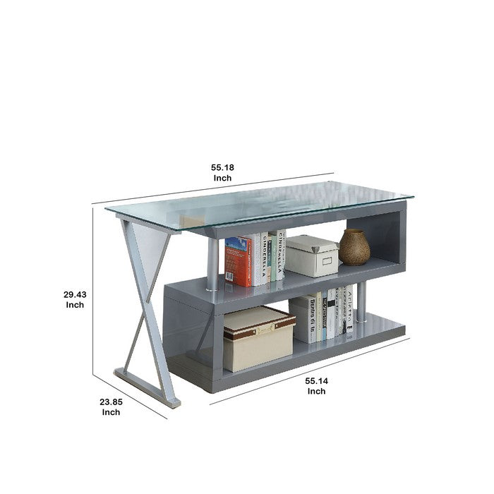 Movable Glass Top Computer Desk with X Shaped Side Panel, Gray and Clear